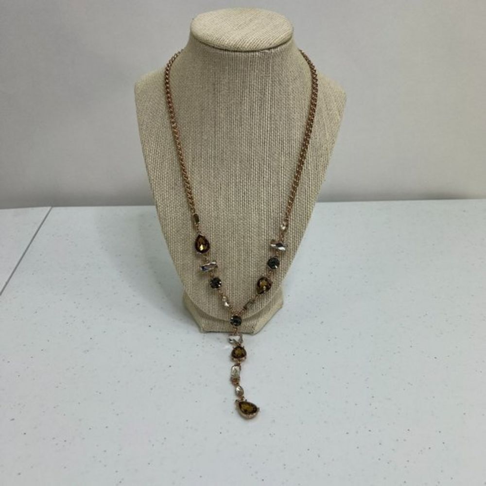 Express Rhinestone Necklace Drop Teardrop Neutral Brown Gray Gold Tone Chain Use